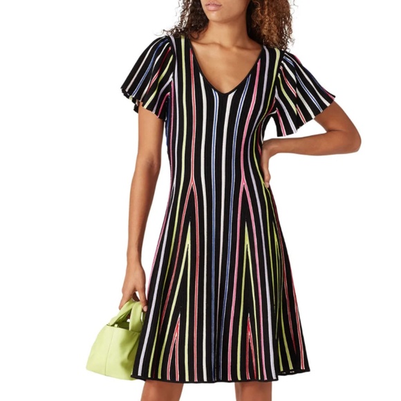 Milly Rainbow Stripe Knit Flutter Sleeve Dress Size M - Picture 1 of 5